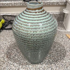 Vietnam Handcrafted Green Brown Spiral Glazed Accent Vase 11 Inches Tall